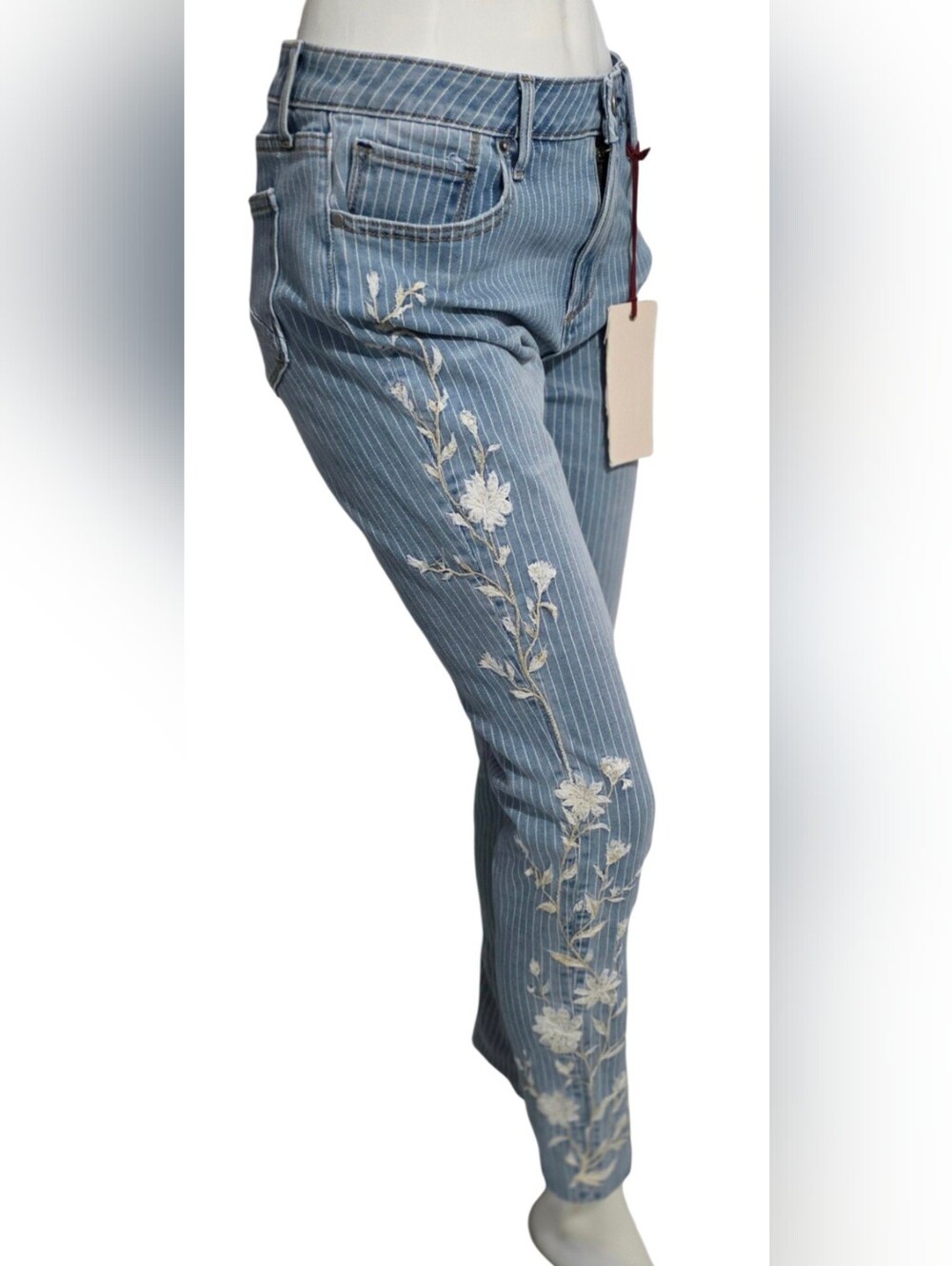 DRIFTWOOD Light Blue Pinstripe Skinny Jeans with White Floral Embroidery NWT - Picture 5 of 15